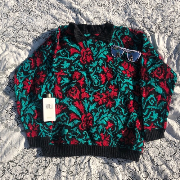 Vintage Sweaters - Vintage Green & Red Glittery Christmas Sweater